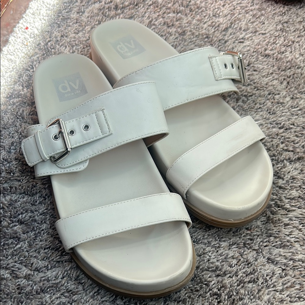 White Slide Sandals with Buckle